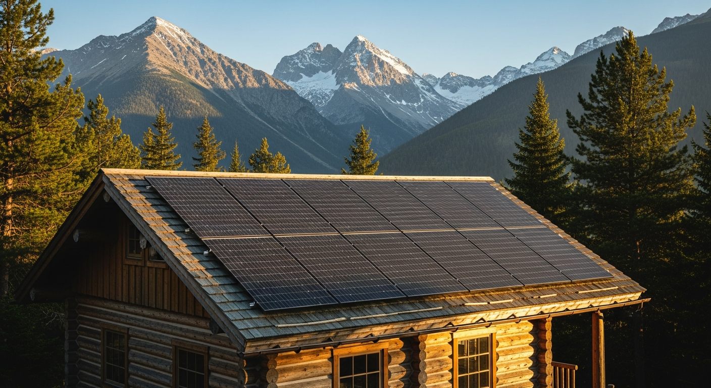 Off-grid solar array powering a mountain cabin