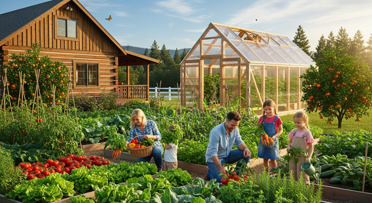 A peaceful homestead cabin with a thriving heirloom vegetable garden, fruit trees, and a happy family