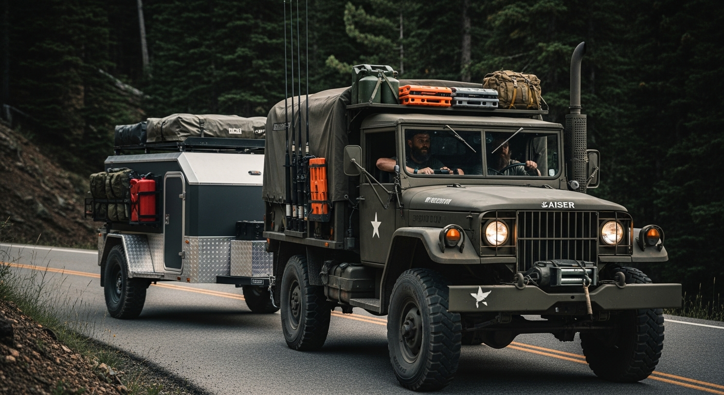 Bug-Out Trailers — Kaiser Jeep M715 towing an overland trailer up a mountain pass