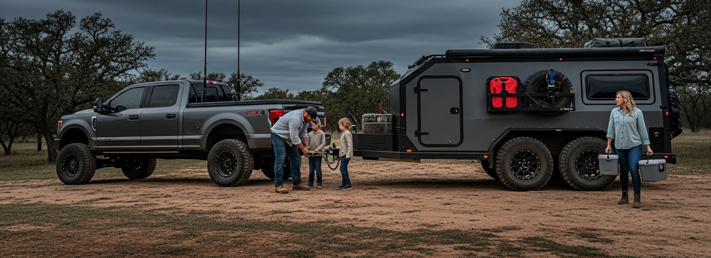 Prepper family loading a charcoal tandem-axle bug-out trailer behind a lifted Ford F-350 4x4 at dusk in the Texas Hill Country