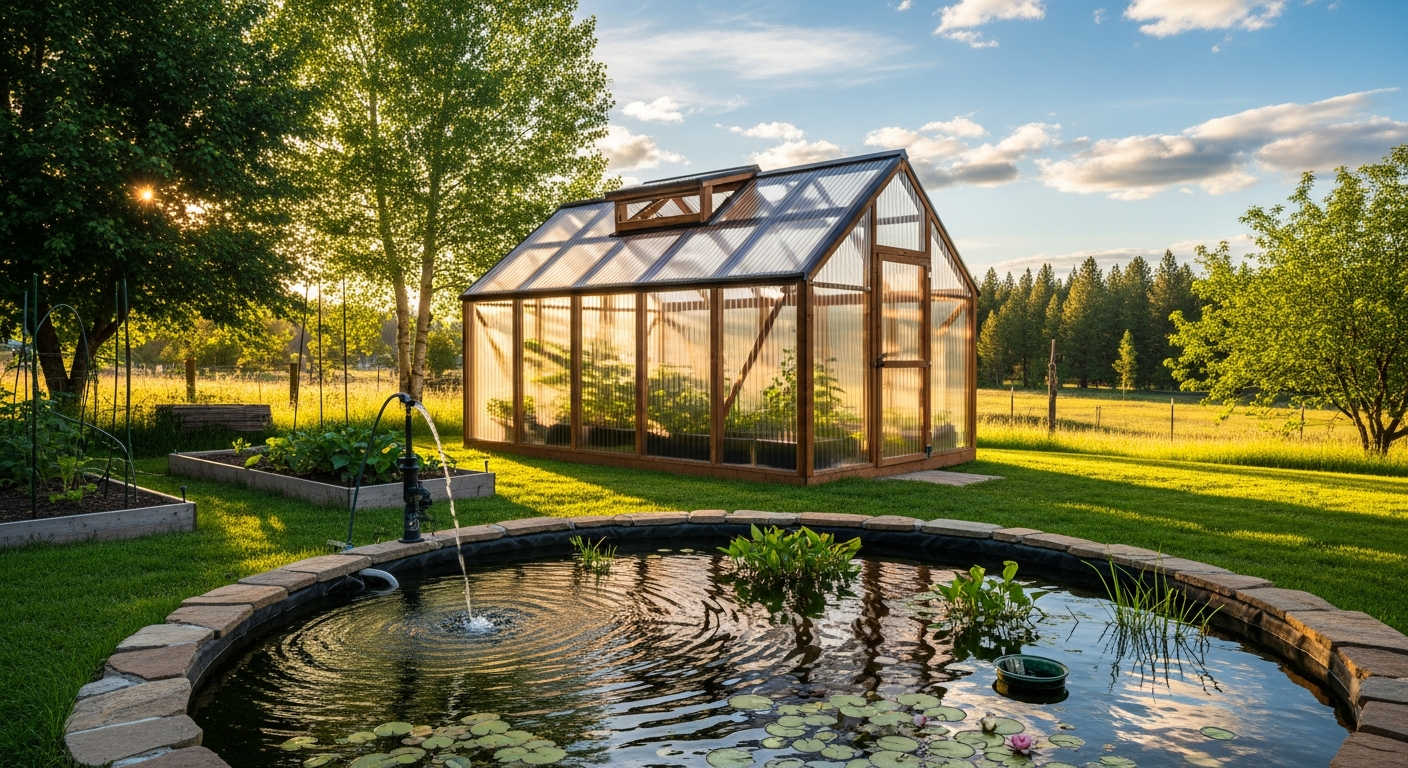 Small backyard polycarbonate greenhouse with a 20-foot aquaponics pond on a sunny rural homestead