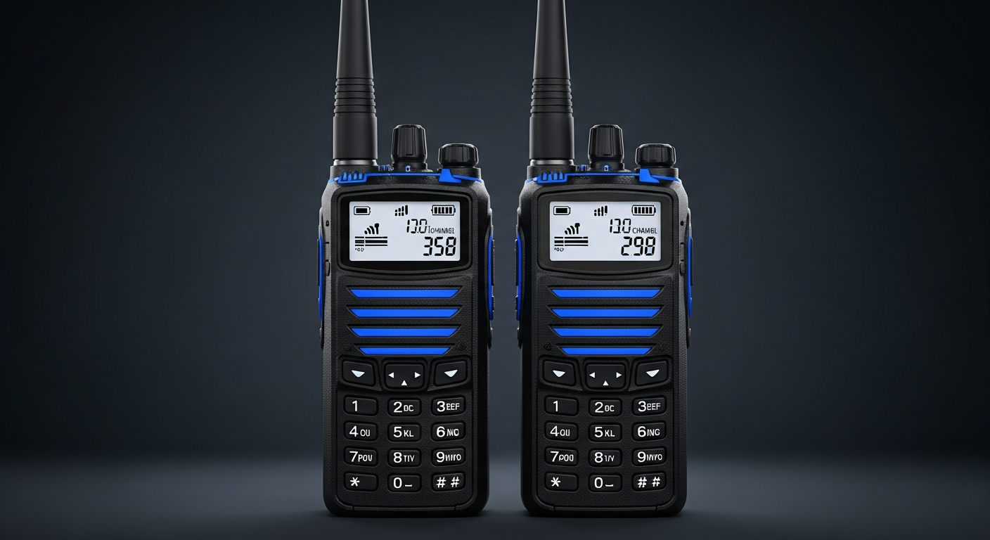 Two compact handheld GMRS two-way radios with blue accents