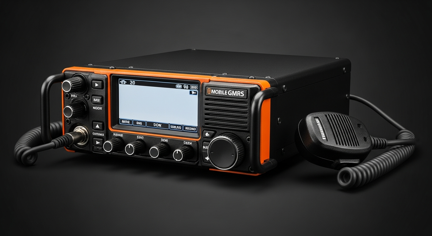 Vehicle mobile GMRS base station radio transceiver with orange accents and microphone