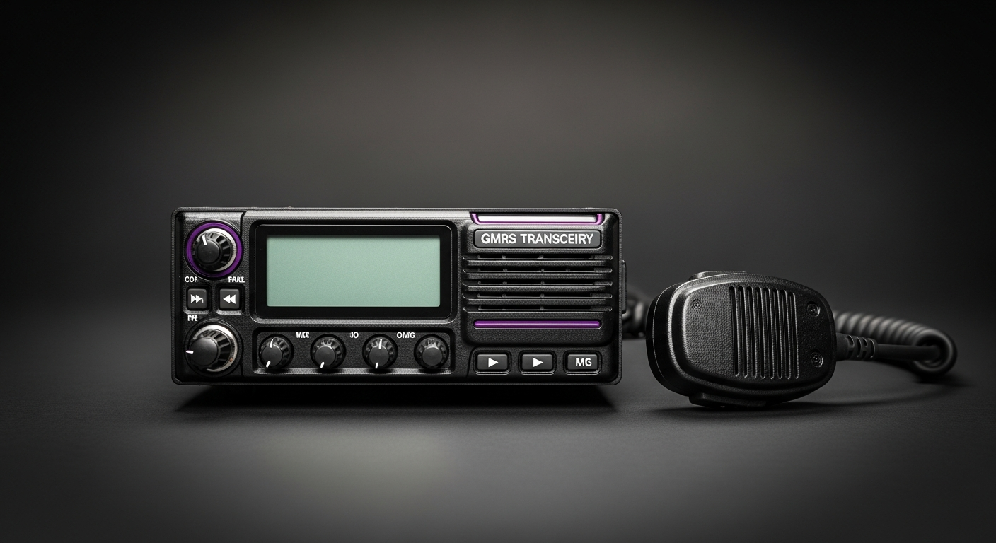 Compact mobile GMRS base station radio transceiver with purple accents and microphone