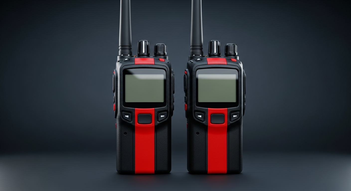 Two compact handheld GMRS two-way radios with red accents