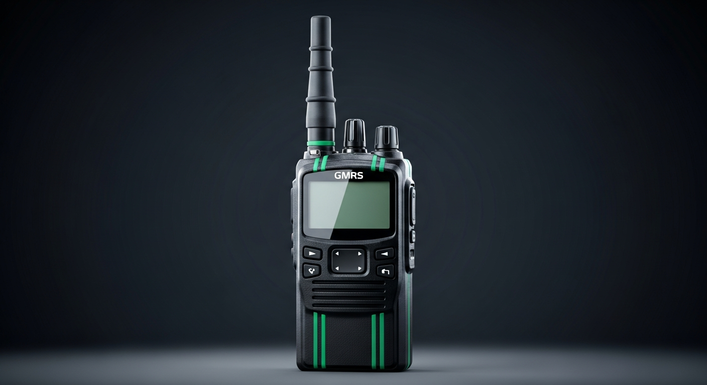 Single compact handheld GMRS two-way radio with teal green accents